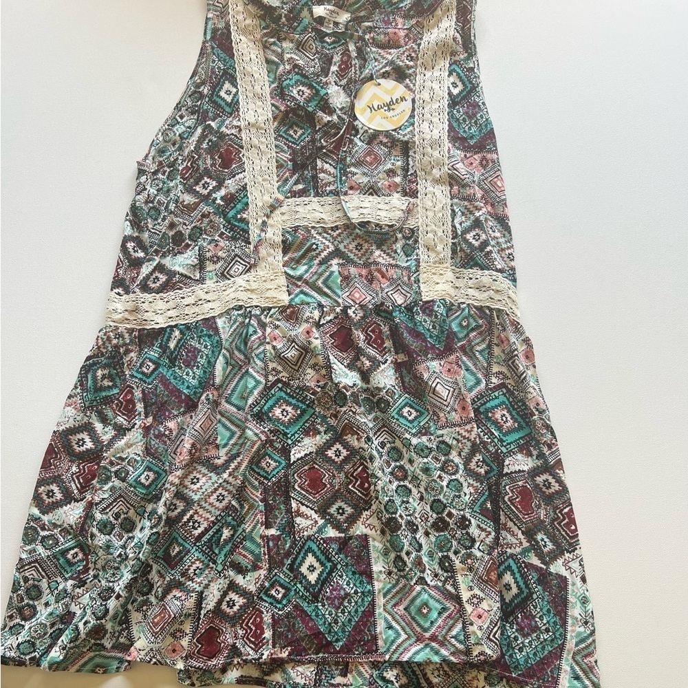 Hayden Womens Mini Dress Multicolor Patchwork V Neck Sleeveless Lace Trim Boho M